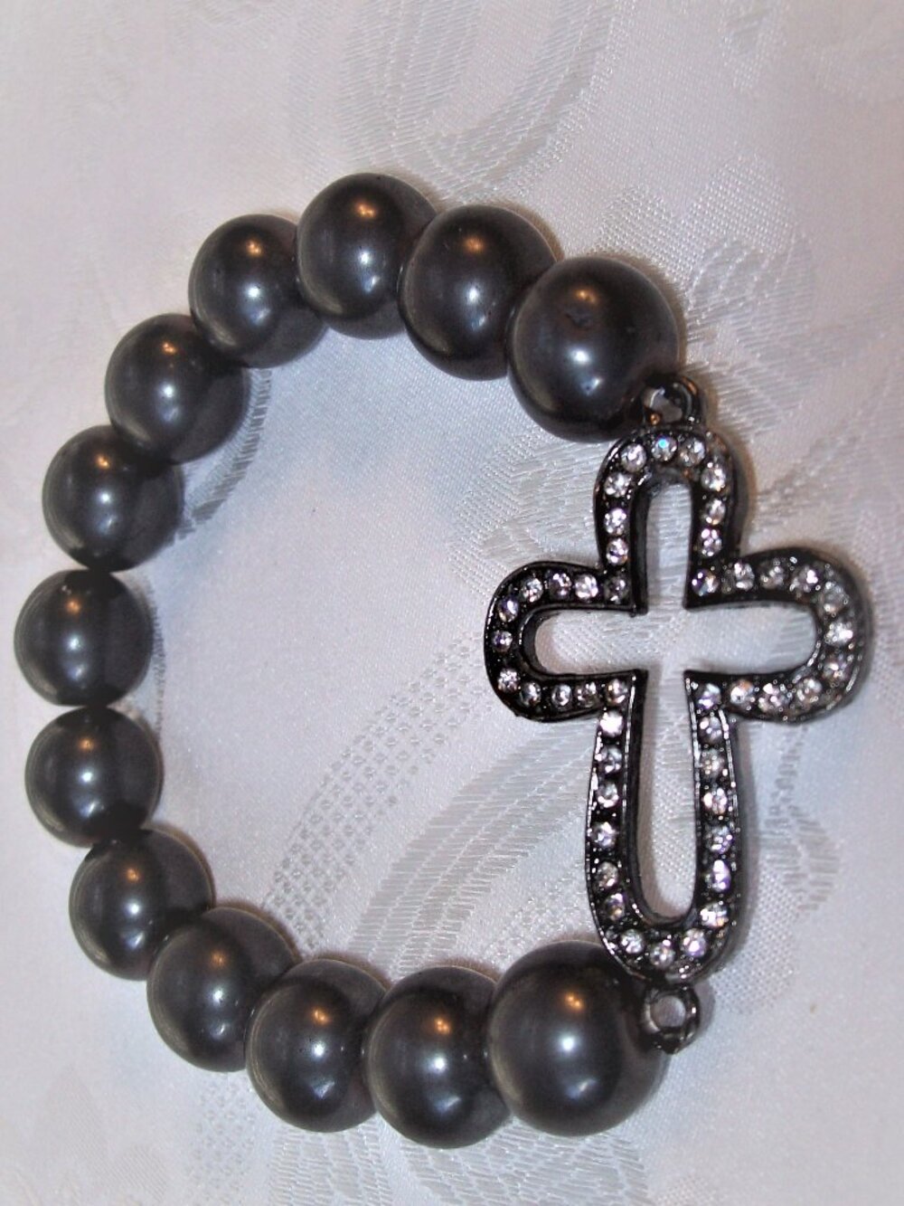 New Metallic Gray Hematite and Cross Crystal Pave Stretch Bracelet